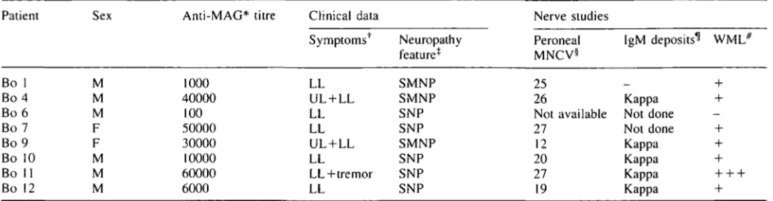 Table 1 IgM reactivity and neuropathy features in patients with anti-MAG antibodies Patient Bo 1 Bo 4 Bo 6 Bo 7 Bo 9 Bo 10 Bo 11 Bo 12 SexMMMFFMMM Anti-MAG* titre100040000100500003000010000600006000 Clinical dataSymptoms1^LLUL + LLLLLLUL + LLLLLL+tremorLL 