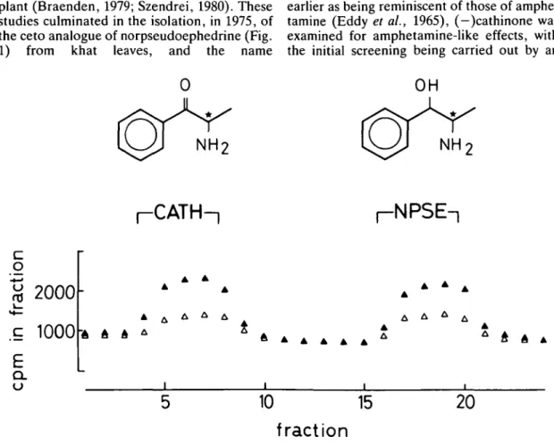 Fig. 1. The effect of (-)cathinone and (H-)norpseudoephedrine on the efflux of radioactivity from rat nucleus accumbens tissue prelabelled with  3 H-dopamine