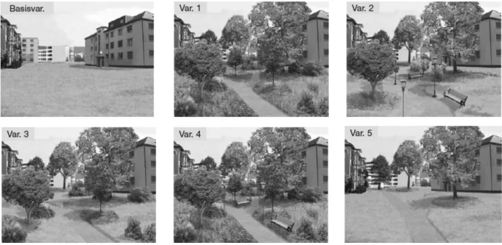 Figure 1 Examples of stimulus photomontages. Basisvar = the ‘empty’ landscape, Var 1–5 = various combinations of added habitat and infrastructure variables.