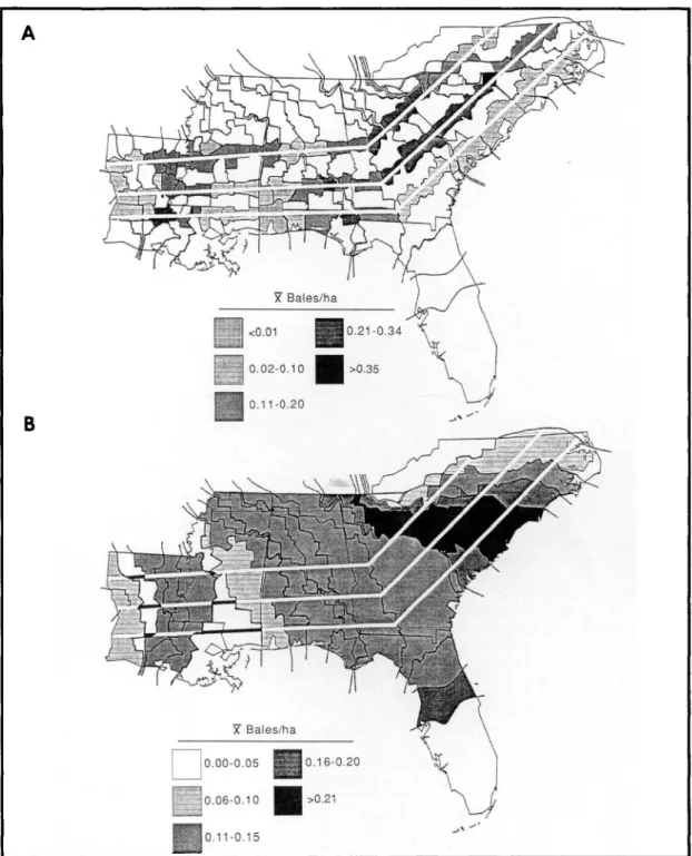Fig. 3. (A) Average cotton yields per county area for all counties crossed by each of the three transects during the initial year of boll weevil infestation