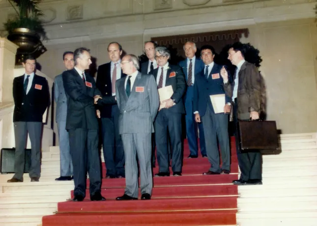 Fig. 1. Founding fathers of the EACTS at the first meeting in Vienna, 1986. Front row, left to right: Marko Turina and Francis Fontan
