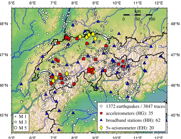 Figure 1. Location of earthquakes (circles), broadband seismometers (triangles), 5 s seismometers (diamonds) and accelerometers (squares) around Switzerland used in this study