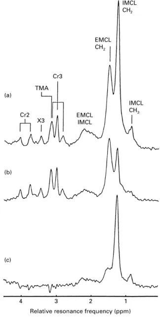 Fig. 1. 1 H-magnetic resonance spectra of human skeletal muscle ( m. tibialis  anterior) before (a) and approximately 2 h after (b) a marathon run