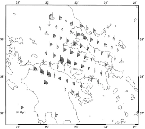 Figure 15. Geodetic rigid-body rotations computed at points on a regular grid aligned along 020 0 using velocity estimates at sites within 40 km (larger heavily shaded symbols; see text)