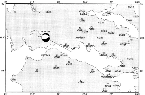 Figure 3. Location of the 1995 June 15 (M 0 ~5.1|10 18 N m) Egion earthquake. Triangles denote sites occupied in June 1995, circles denote sites occupied in October 1995, and squares denote sites occupied in May 1996.