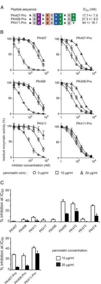 Fig. 4. Effect of proline in position 5 on the proteolytic stability. (A) Three bicyclic peptides without improved proteolytic stability (PK407, PK408 and PK411) were re-synthesized with a proline in position 5 and their IC 50 s determined