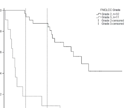 Figure 5. Overall survival according to histological grade (grade 2 versus grade 3), P < 0.001.