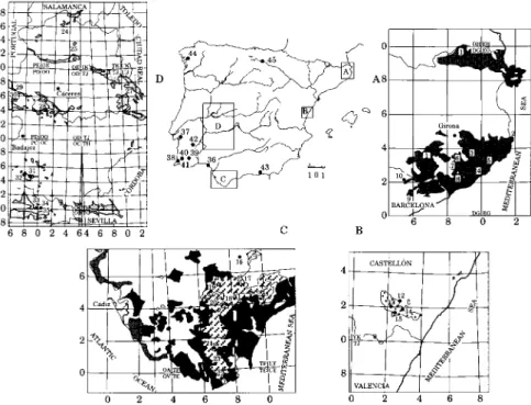 FIG. 1. Potential areas of Iberian cork-oak forests (dotted areas; according to Rivas-Martinez 1987) and location of the localities studied