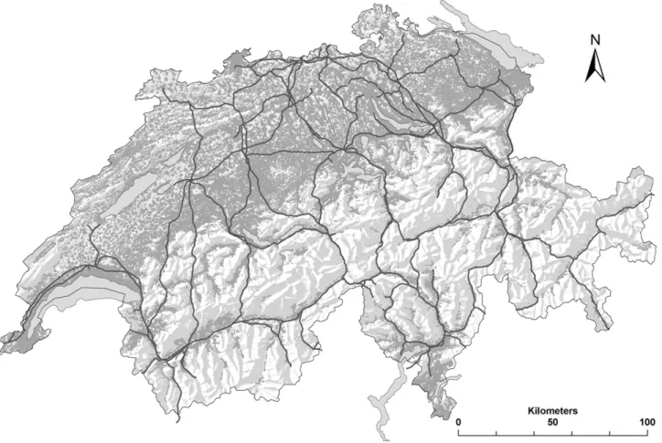 Figure 1. Power lines and buildings in Switzerland. Data sources: Federal Inspectorate for Heavy Current Installations, Fehraltdorf (power lines);