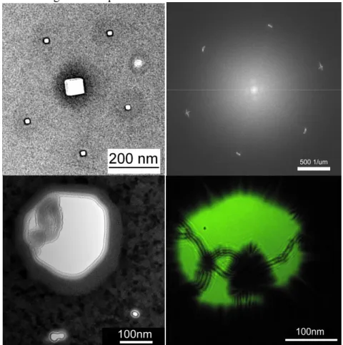 Fig. 2. Top Left: TEM image at 120 KV of 5 pinholes of 20nm size, surrounding a 100nm  square hole
