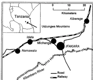 Fig.  1. Map  of Kilombero  valley inTanzania,  indicating  villages  studied. 