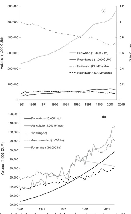 Figure 1. Evolution of agricultural, timber and roundwood production in SSA: (a) represents the evolution of fuelwood and roundwood production; (b) represents the evolution of cereal production, population and forest losses.