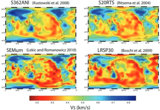 Figure 2. Slices at 150 km depth of four global V S models. All models are expanded in spherical harmonics up to degree 24.