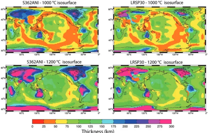 Figure 7. Isosurfaces at 1000 ◦ C and 1200 ◦ C for S362ANI and LRSP30 (the most different in lateral T variations, see Fig