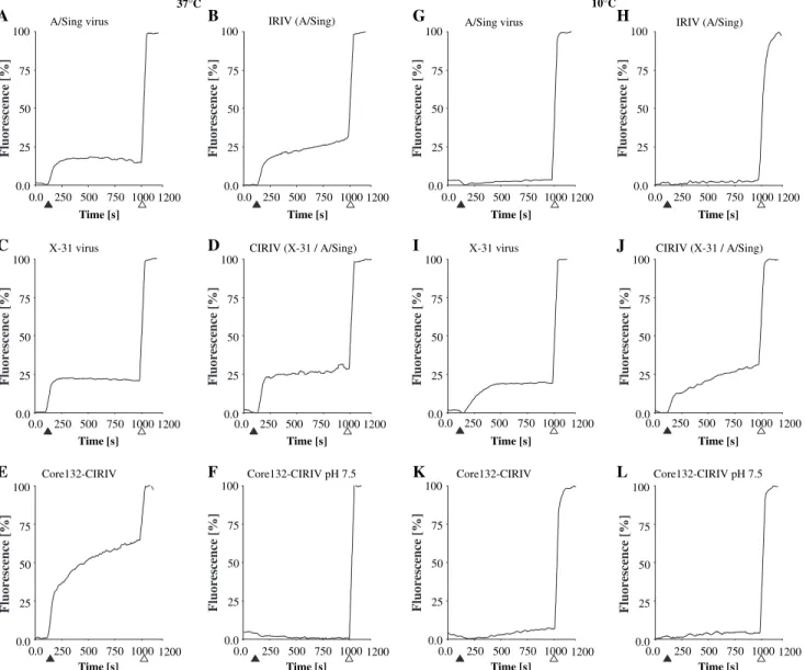 Fig. 3. Fusion activity of Core132-CIRIVs and its precursors. FRET measurements were carried out as outlined in Methods at 37C (A–F) and 10C (G–L), respectively, with the following samples: A/Sing Influenza virus (A and G), A/Sing virosomes (B and H), X-31