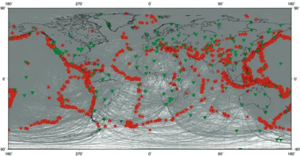 Figure 7. The synthetic data sets use the global distribution of sources (red stars) and stations (green triangles) taken from Ekstr¨om et al