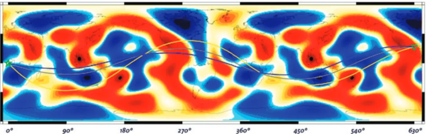 Figure 6. Multiple ray paths for a reference case with the fourth-orbit arrival in a heterogeneous background phase-velocity distribution (Trampert &amp;