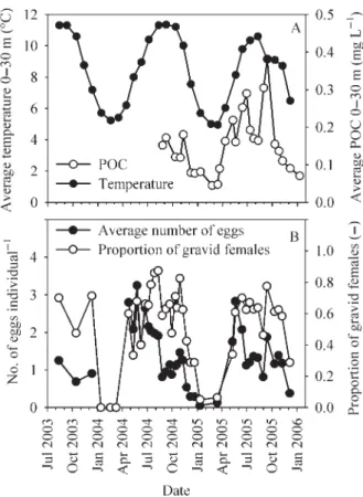 Fig. 1. (A) Average water temperature (black) and average POC concentration (white) of Lake Brienz from August 2003 to January 2006 (upper 30 m)