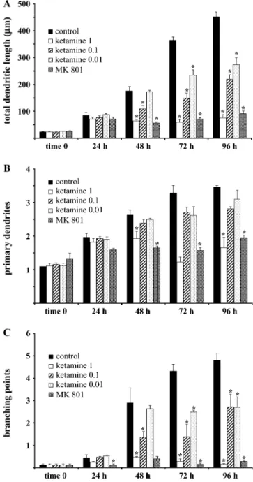 FIG. 7. Quantitative analysis of dendritic development after long-term ketamine and MK 801 treatment
