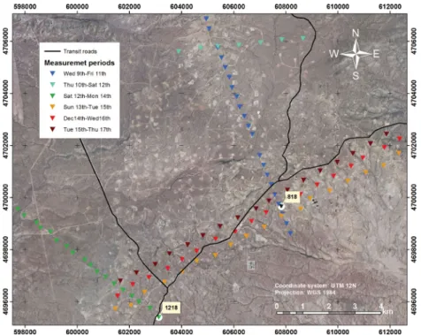 Figure 1. Aerial map of the survey area above the Jonah reservoir. The triangles show the sites where the broad-band seismometers were deployed
