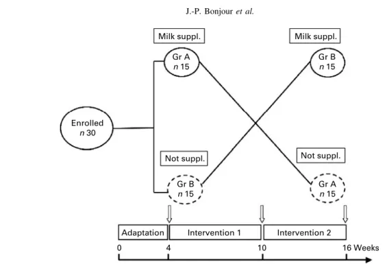 Fig. 1. Experimental protocol: the crossover design was applied to thirty postmenopausal women randomized in two groups (Gr) either with or without milk sup- sup-plementation (suppl.) during two periods of 6 weeks that were preceded by an adaptation period