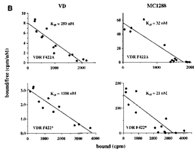 Figure 4. Functional ligand binding to point-mutated VDR. The [ 35 S]methionine-labelled point-mutated receptor proteins VDR F422A and VDR F422* were obtained by in vitro transcription/translation of templates generated by site-directed mutagenesis of wild
