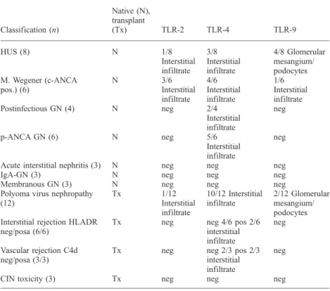 Table 1. Results of staining for TLR-2, -4 and -9 in selected renal diseases