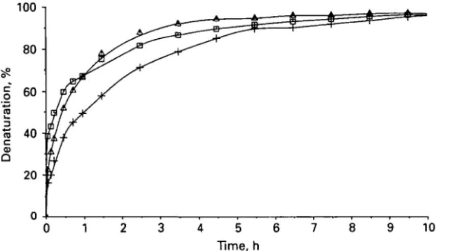 Fig. 5. Time course denaturation (Rowland, 1938) in 10% (w/v) whey protein isolate solutions of different ionic strengths heated at 67 °C: A, 10 mM-KCl; +, 100 mM-KCl; Q, 33-niM CaCl 2 .