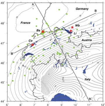 Figure 1. Overview map of the study region. Contour lines denote Moho depth in the western Alpine region (Wagner et al