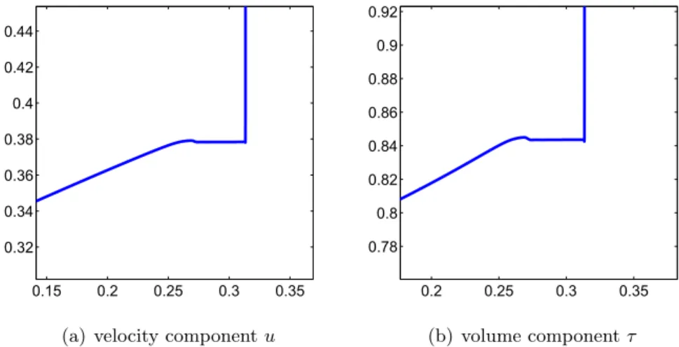Figure 3.11. Close-up at nonclassical states in the approximation of the Riemann problem with initial data (3.23) resulting in a large jump in volume τ 
