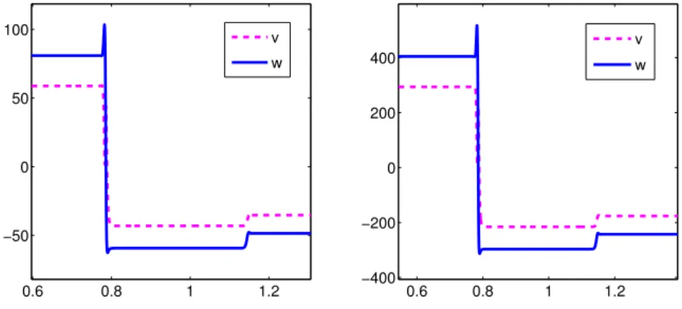 Figure 3.12. Large shocks in the v and w variables for the Hall MHD system using a fourth-order WCD scheme with 4000 mesh points.