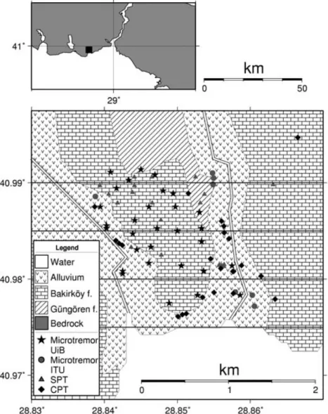 Figure 4. Surface geometry of geological model of Atak¨oy, used in 3-D FD modelling. The black square in the uppermost map shows the extent and location of the lowermost map