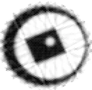 Figure 1. Image reconstruction with conventional filter (4). Rf sampled for 19 angles at 30 positions per angle.