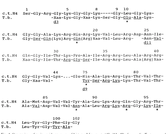 Fig. 4. Comparison of amino acid sequences of histone d fragments (d3,  d l l , d9) of procyclic Trypanosoma brucei brucei (T.b.) with the sequence of calf thymus (c.t.) H4 (DeLange et al