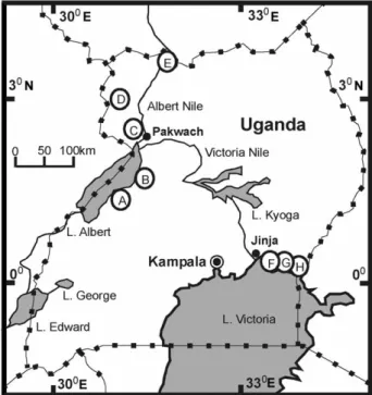 Figure 1 Sketch map of the study areas in Uganda. In total, 37 primary schools from eight districts were visited, including both Lake Albert/West Nile and Victoria environments
