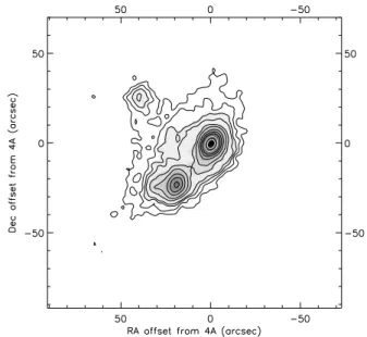 Figure 1. Contour plot of 450-mm jiggle map, overlaid on a grey-scale image. The noise is estimated to be approximately 1 Jy beam 21 , from the rms deviation about the mean measured in an off-source region (marked in Fig