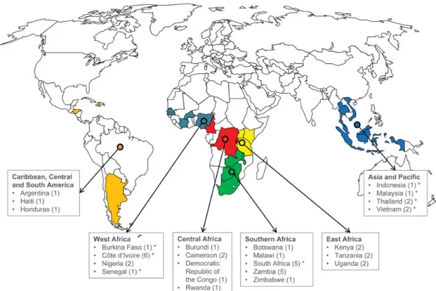 Figure 1. Geographical distribution of the 43 pediatric human immunode ﬁ ciency virus treatment programs from the International Epidemiologic Databases to Evaluate AIDS (IeDEA) network participating in the project