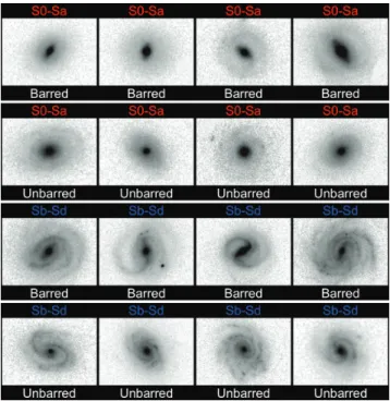 Figure 1. Example (HST ACS I-band) postage stamp images of both early- early-type (top two rows) and late-early-type (bottom two rows), barred and unbarred galaxies from our sample of 916 COSMOS discs at 0 