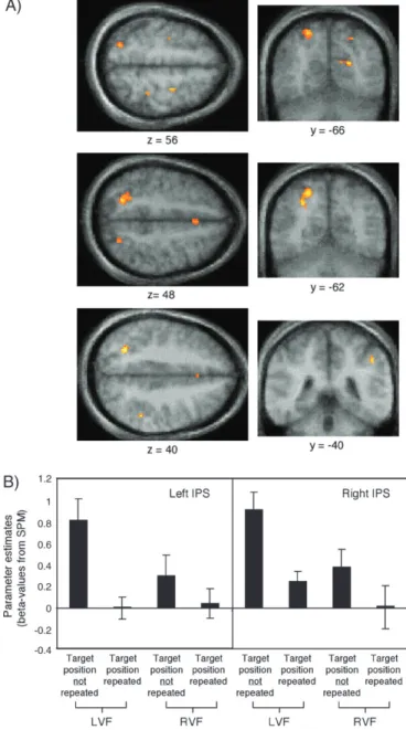 Figure 2. (A) Axial and coronal slices indicating regions showing repetition suppression (i.e., reduced BOLD signal) when target location was repeated