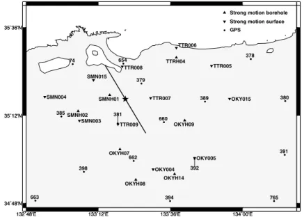 Figure 2. The observational network consists of 18 strong motion stations (black triangles) and 16 GPS stations (black dots) located within about 90 km from the epicentre (black star)
