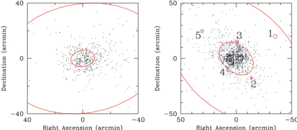 Figure 9. Right ascension and declination of the BSS candidates imaged in Sculptor (left-hand panel) and in Fornax (right-hand panel)