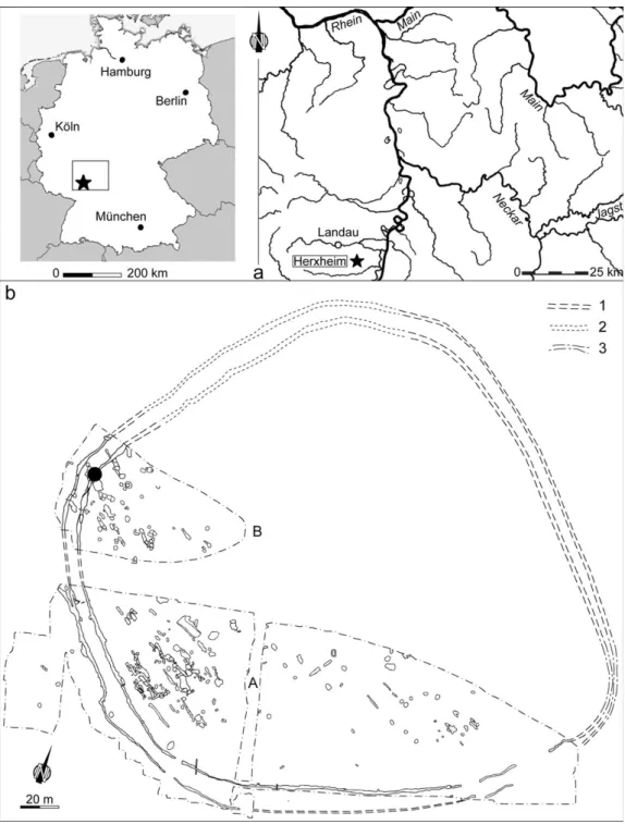 Figure 1. The Herxheim Linear Pottery Culture settlement: a) site location in Germany; b) plan of the excavation and location of deposit 9 (1