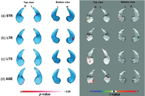 Figure 4. (Colour online) Correlations between local hippocampal changes and memory scores and age in the MEMnos group