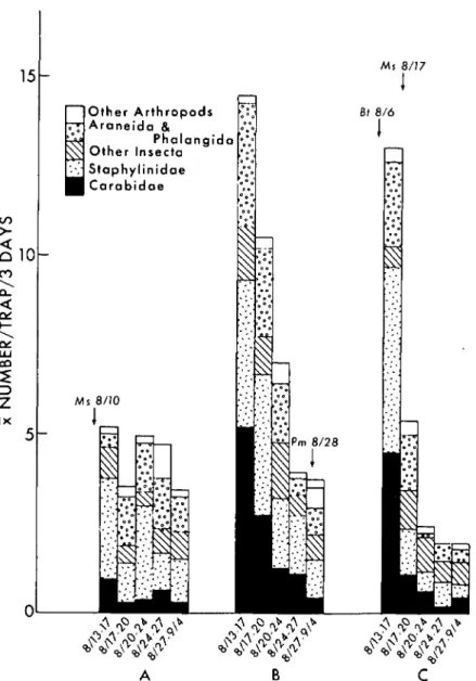 FIG. 2. Average number of predaceous and parasitic arthropods collected in pitfall traps in cabbage and the influence of insecticides (B+ = Bacil/us lhurillgiellsis, Pm = permethrin, Ms = methamidophos), Ontario County, N.Y., ]981.