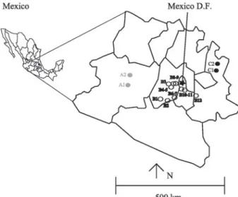 Fig. 1. Sampling sites in the southern altiplano of Mexico. Circles represent sites that were used in this study