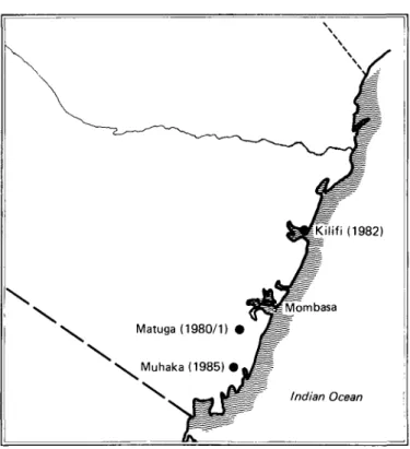 Fig. 1. Map to show the location of Kilifi, Muhaka and Matuga in the Kenyan coastal region.