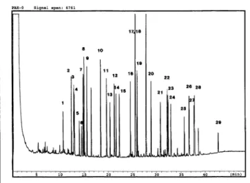 Figure 6. Gas chromatogram (FID) of a test mixture containing poly- poly-cyclic aromatic hydrocarbons on a 10-m × 0.25-mm fused-silica  open-tubular column coated with immobilized Diphenyl 1; film thickness 0.04  μm
