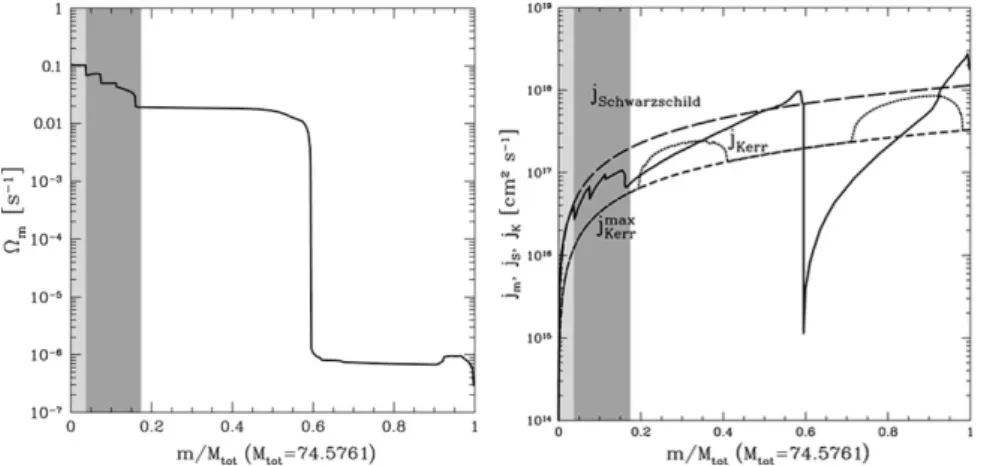 Figure 3. Pre-supernova structure of a Pop III 85 M  model. The light grey shaded area marks the border of the remnant, and the dark grey that of the CO core