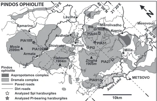 Fig. 2. Simplified map of the Pindos ophiolite, including the Dramala Complex (oceanic mantle) and the Aspropotamos Complex (oceanic crust) and location of the analyzed samples; modified after Jones &amp; Robertson (1991) and Economou-Eliopoulos &amp; Vaco