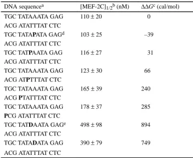Table 2. DNA binding parameters for MEF-2C binding to analogue sites determined by EMSA